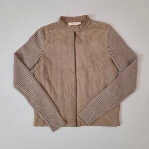 Tory Burch Ovine Leather Suede Knit Zip Up Jacket‎ Beige XS